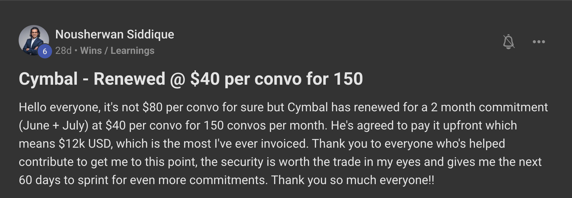 Nousherwan Siddique: Cymbal - Renewed @ $40 per convo for 150