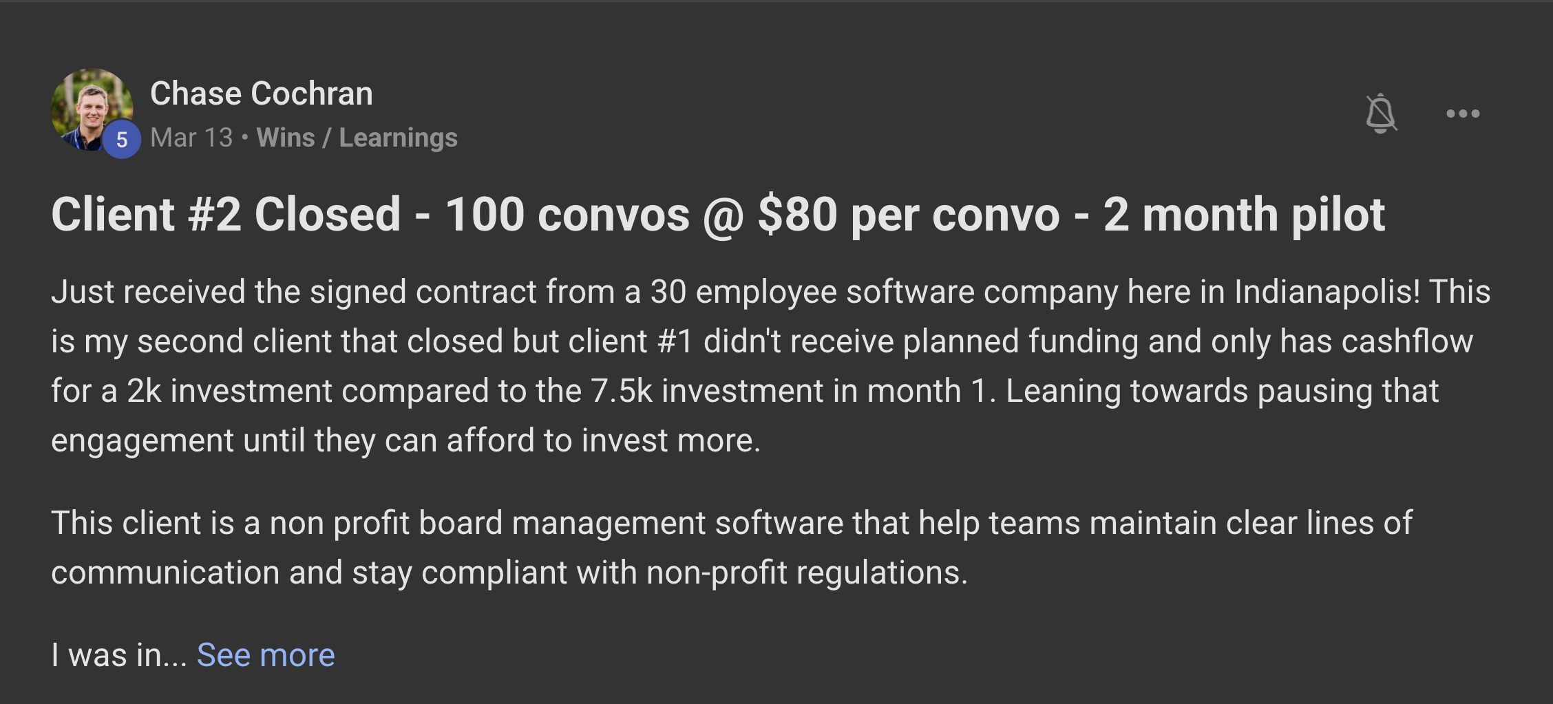 Chase Cochran: Client #2 Closed - 100 convos @ $80 per convo - 2 month pilot