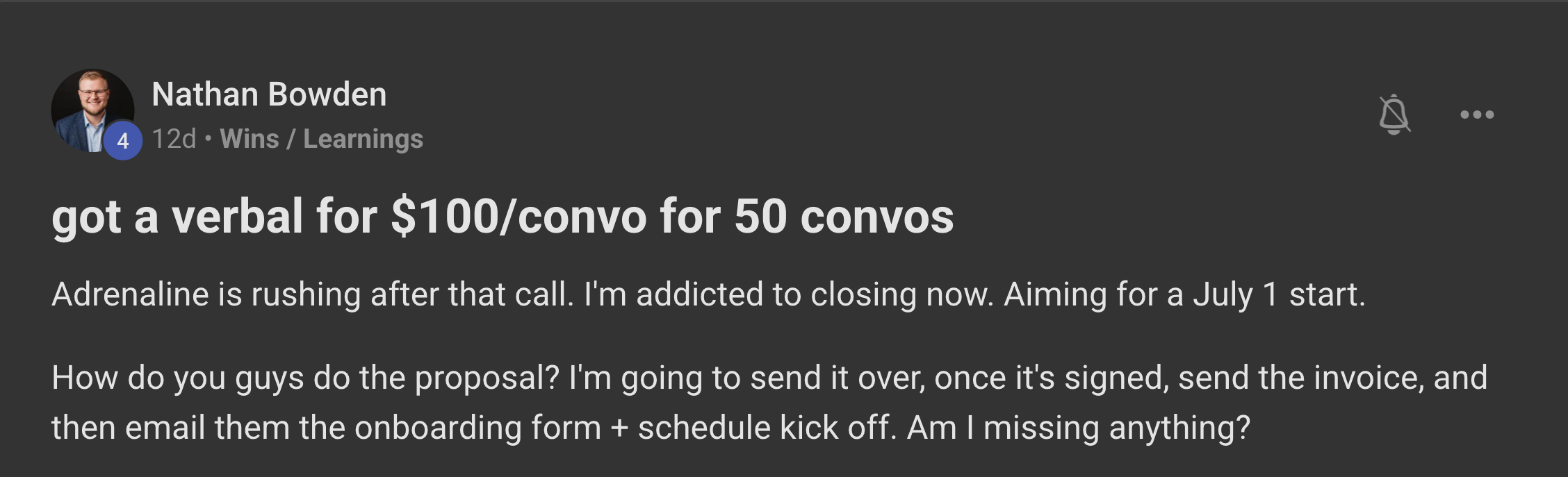Nathan Bowden: got a verbal for $100/convo for 50 convos
